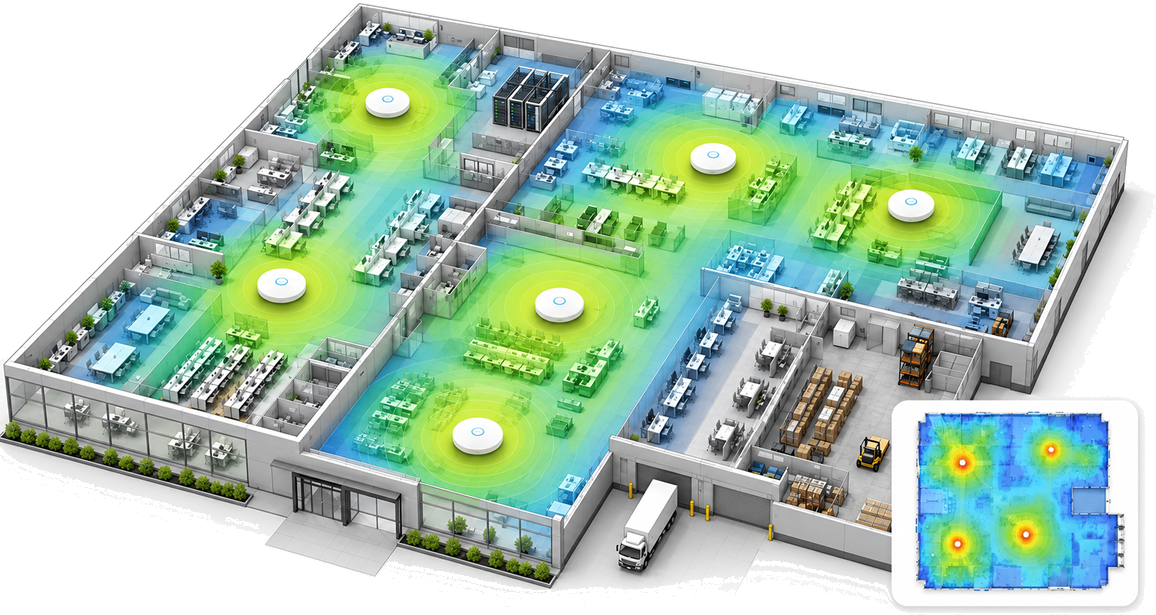 Mapa de cobertura WiFi per a oficines, naus i fàbriques amb punts d'accés i zones de cobertura